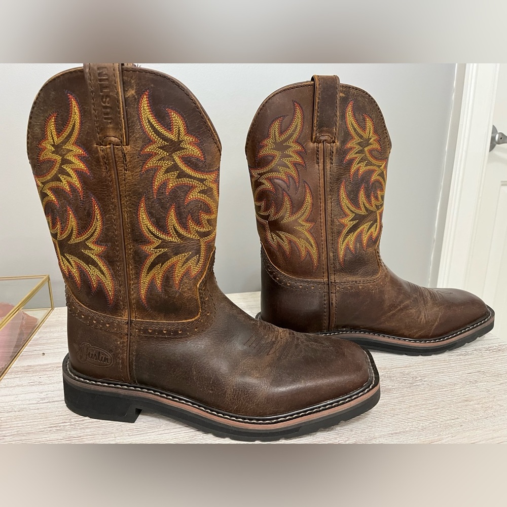 JUSTIN MEN'S STAMPEDE DRILLER DARK BROWN LEATHER SQUARE TOE WORK BOOT